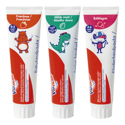 Dentifrice pour les enfants trois tubes : framboise, menthe et bubblegum