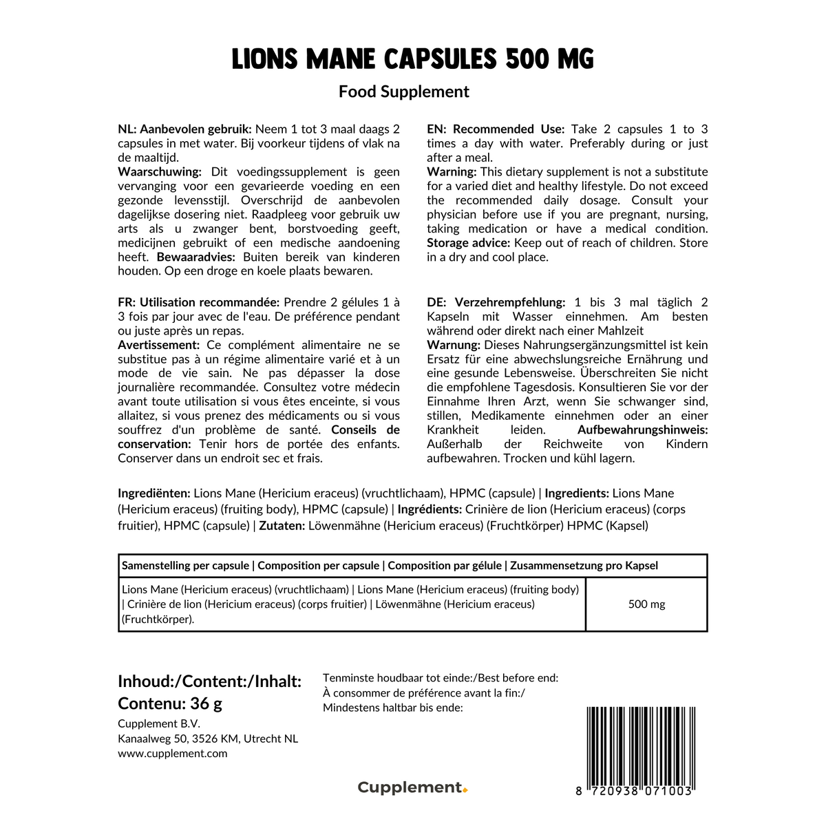 Lions Mane Capsules 60 pièces | Biologique | Livraison gratuite | La plus haute qualité 450 mg par capsule