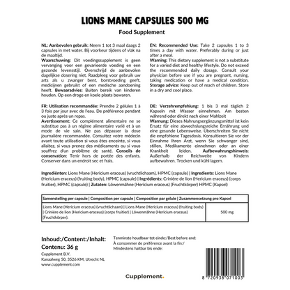 Lions Mane Capsules 60 pièces | Biologique | Livraison gratuite | La plus haute qualité 450 mg par capsule